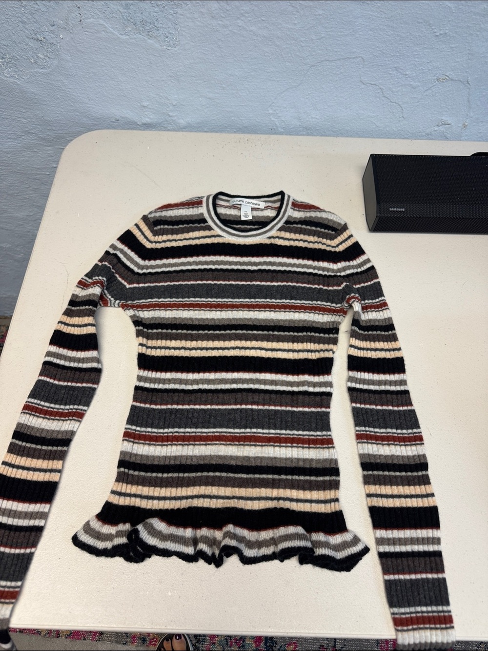 Autumn Cashmere Striped Ribbed Crewneck Top in Cream, Gray, Black & Rust